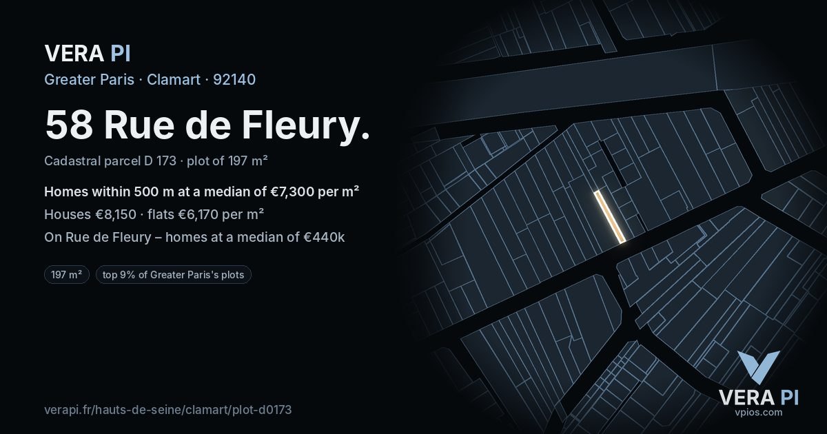 58 Rue de Fleury, Clamart at night – the plot lit, the parcels around coloured by the prices near them