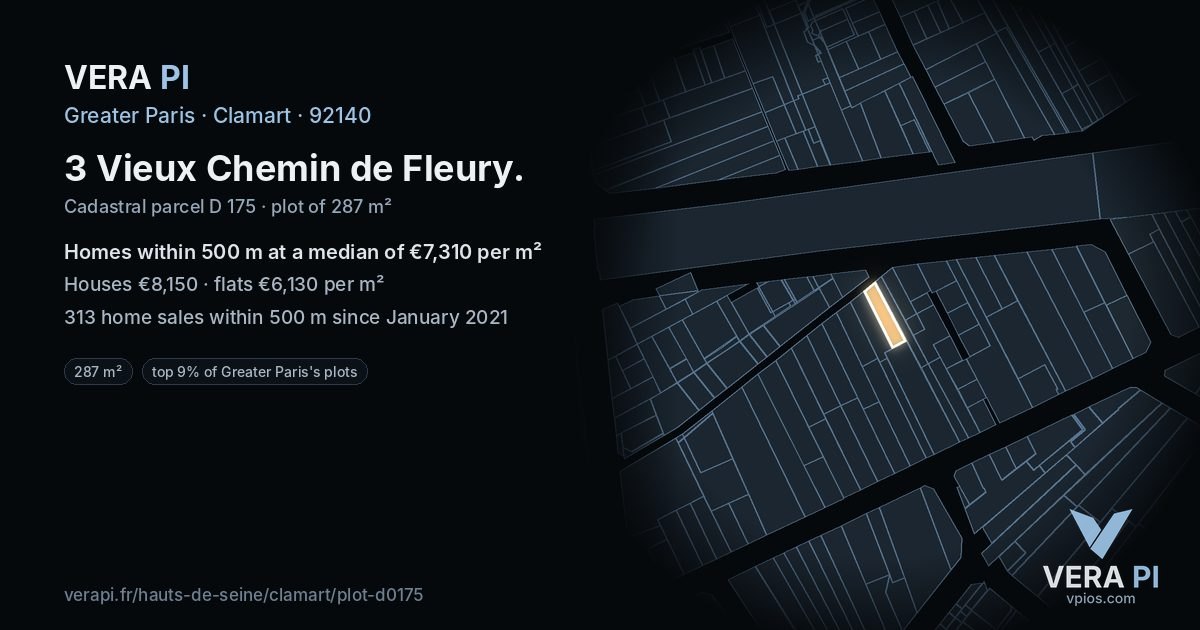 3 Vieux Chemin de Fleury, Clamart at night – the plot lit, the parcels around coloured by the prices near them