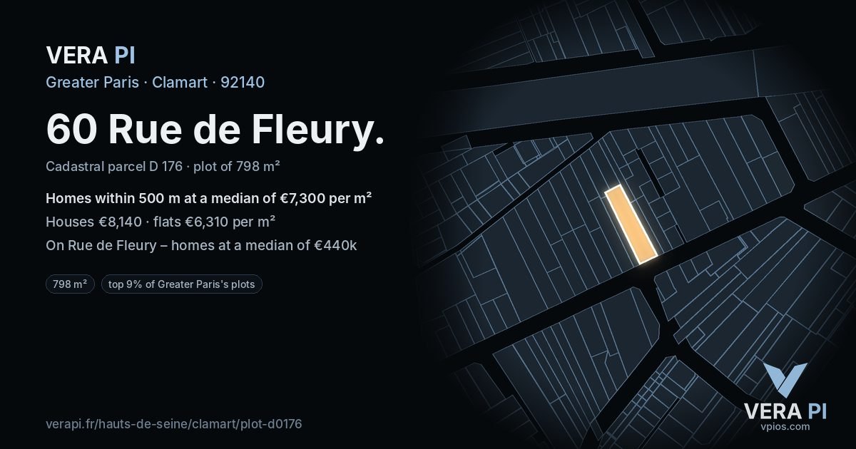 60 Rue de Fleury, Clamart at night – the plot lit, the parcels around coloured by the prices near them