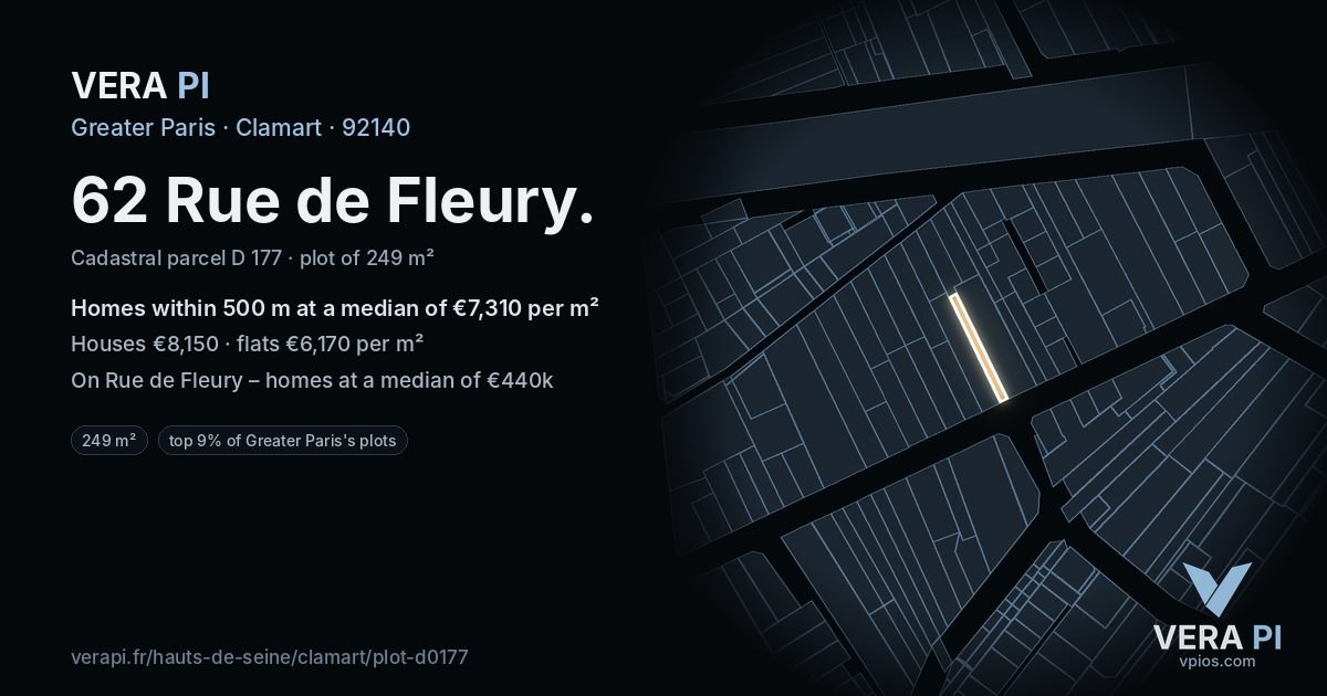 62 Rue de Fleury, Clamart at night – the plot lit, the parcels around coloured by the prices near them
