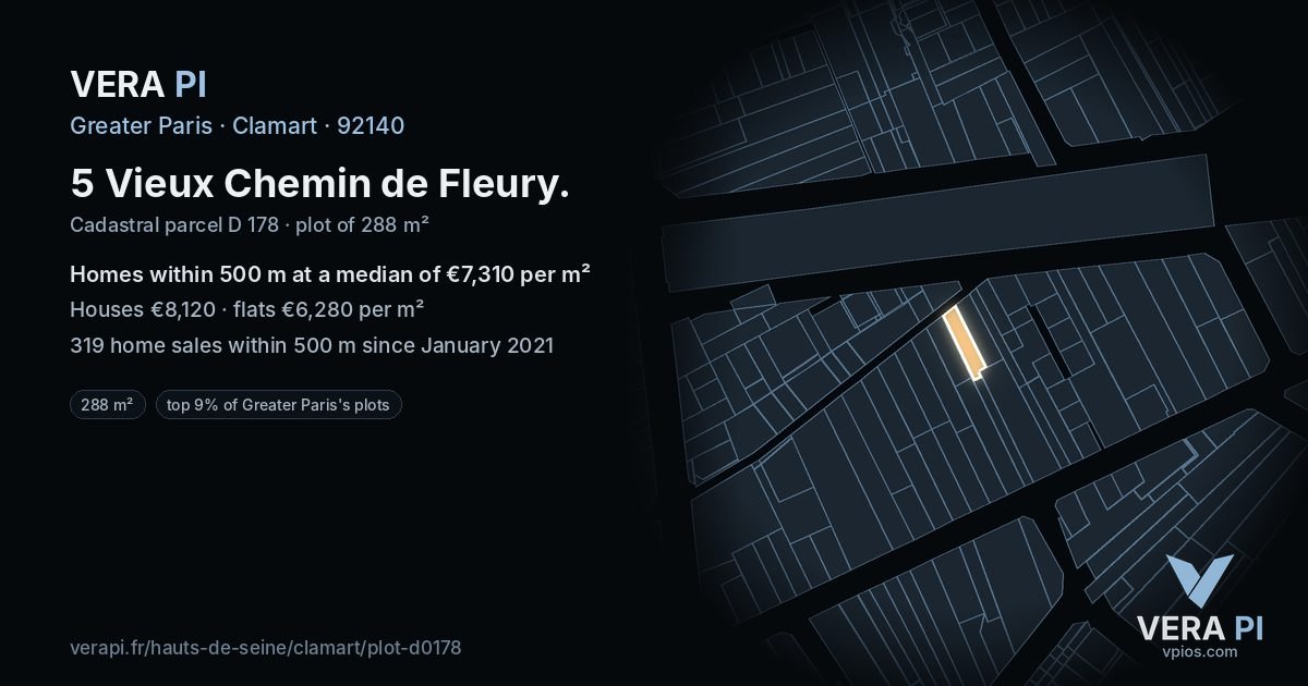 5 Vieux Chemin de Fleury, Clamart at night – the plot lit, the parcels around coloured by the prices near them