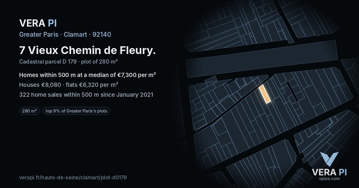7 Vieux Chemin de Fleury, Clamart at night – the plot lit, the parcels around coloured by the prices near them