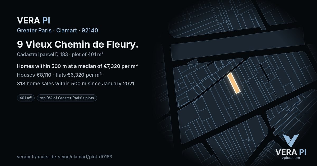 9 Vieux Chemin de Fleury, Clamart at night – the plot lit, the parcels around coloured by the prices near them
