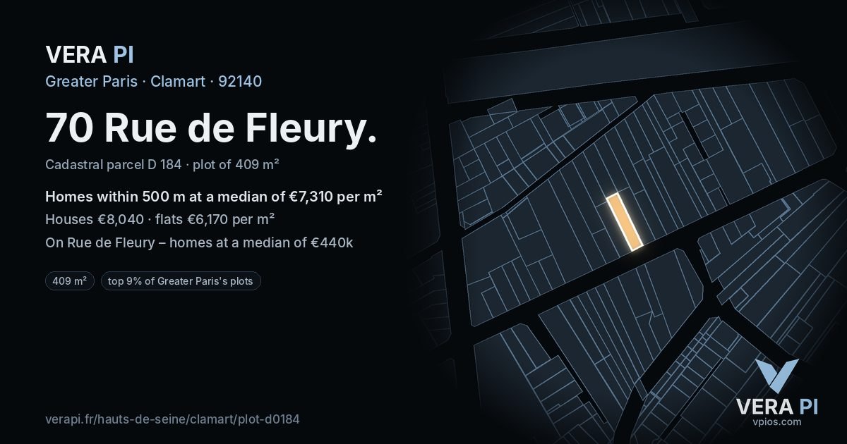 70 Rue de Fleury, Clamart at night – the plot lit, the parcels around coloured by the prices near them