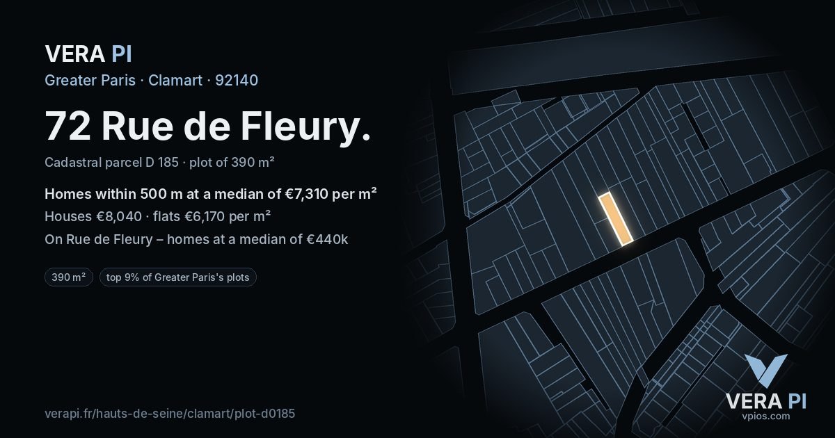 72 Rue de Fleury, Clamart at night – the plot lit, the parcels around coloured by the prices near them