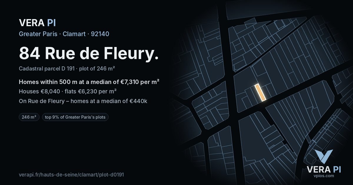 84 Rue de Fleury, Clamart at night – the plot lit, the parcels around coloured by the prices near them