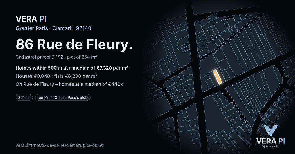 86 Rue de Fleury, Clamart at night – the plot lit, the parcels around coloured by the prices near them