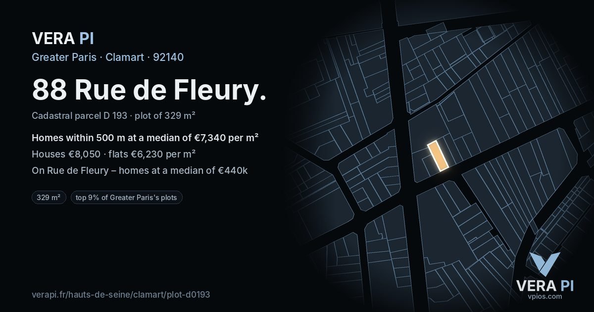 88 Rue de Fleury, Clamart at night – the plot lit, the parcels around coloured by the prices near them