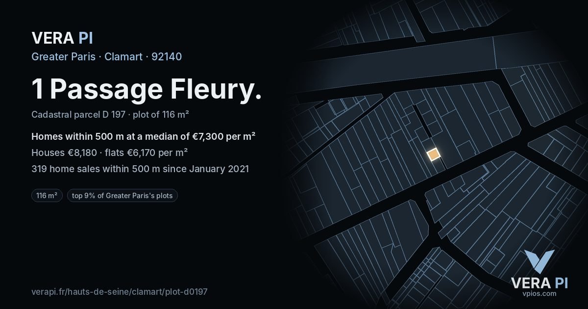 1 Passage Fleury, Clamart at night – the plot lit, the parcels around coloured by the prices near them