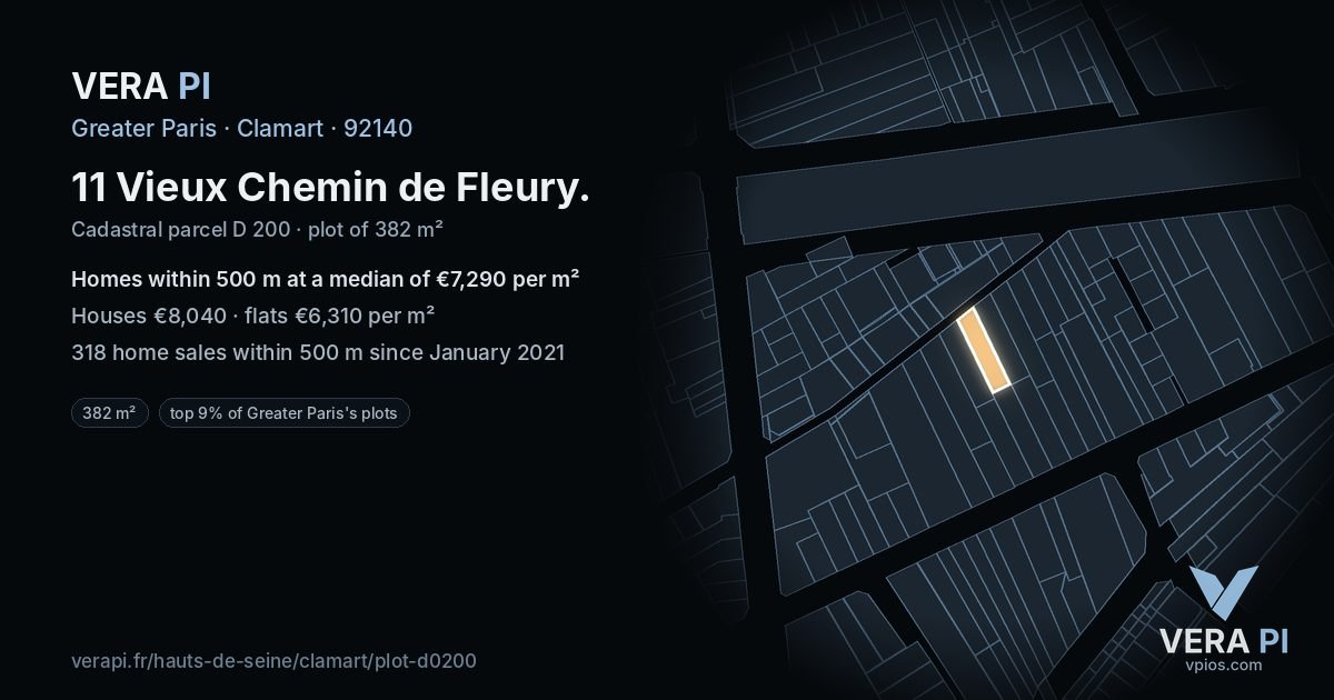 11 Vieux Chemin de Fleury, Clamart at night – the plot lit, the parcels around coloured by the prices near them