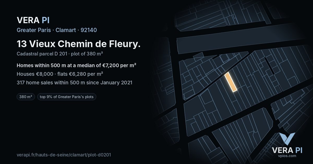 13 Vieux Chemin de Fleury, Clamart at night – the plot lit, the parcels around coloured by the prices near them