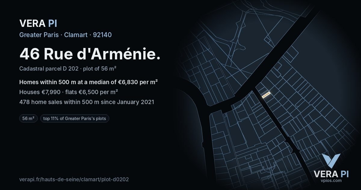 46 Rue d'Arménie, Clamart at night – the plot lit, the parcels around coloured by the prices near them