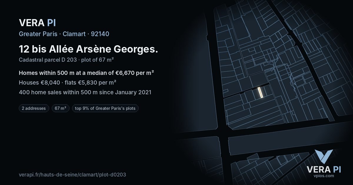 12 bis Allée Arsène Georges, Clamart at night – the plot lit, the parcels around coloured by the prices near them