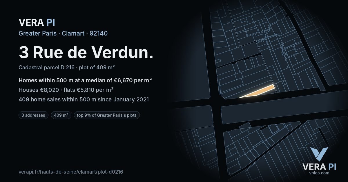 3 Rue de Verdun, Clamart at night – the plot lit, the parcels around coloured by the prices near them