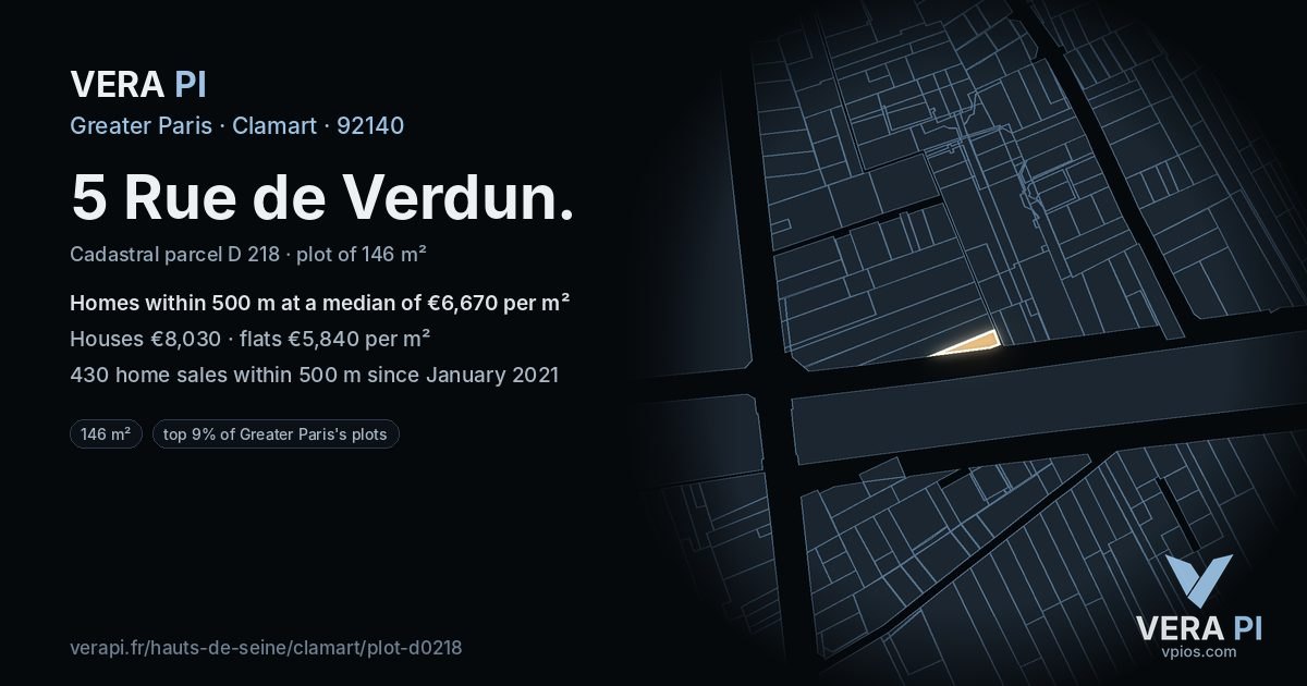 5 Rue de Verdun, Clamart at night – the plot lit, the parcels around coloured by the prices near them