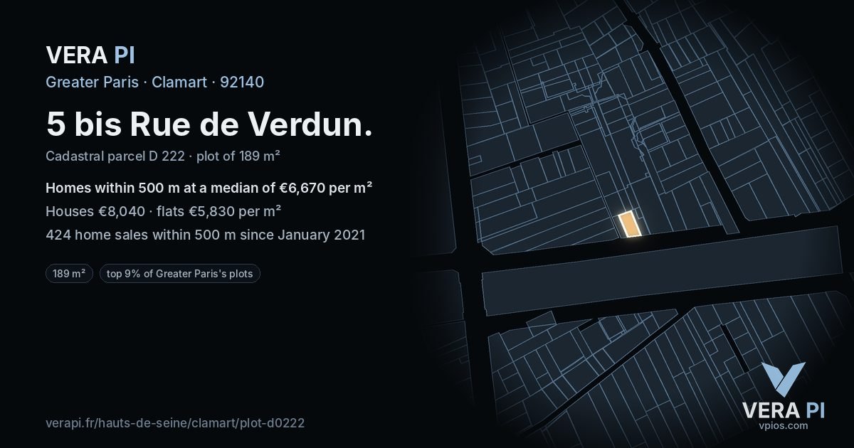 5 bis Rue de Verdun, Clamart at night – the plot lit, the parcels around coloured by the prices near them
