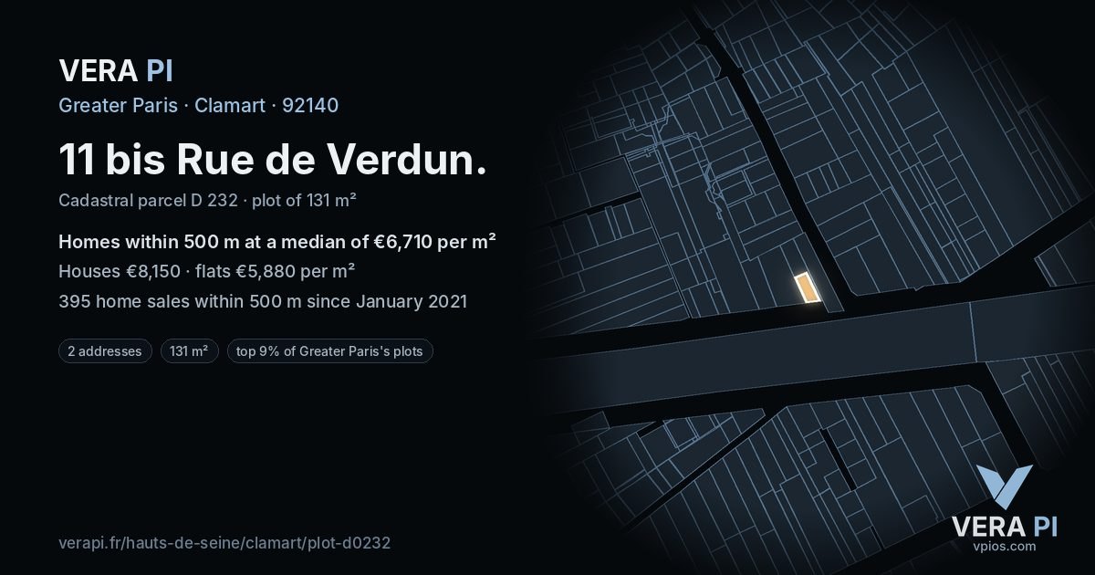 11 bis Rue de Verdun, Clamart at night – the plot lit, the parcels around coloured by the prices near them