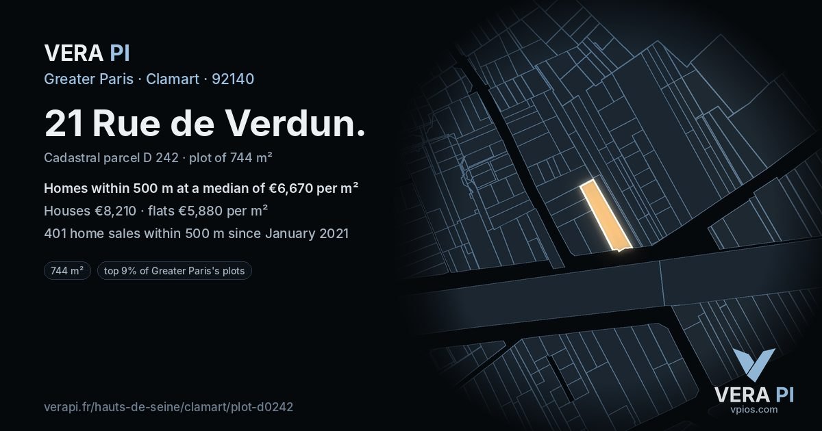 21 Rue de Verdun, Clamart at night – the plot lit, the parcels around coloured by the prices near them