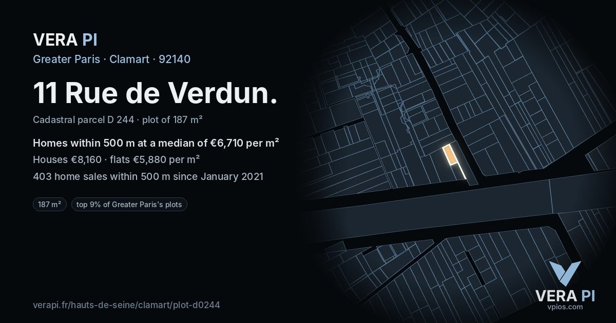 11 Rue de Verdun, Clamart at night – the plot lit, the parcels around coloured by the prices near them