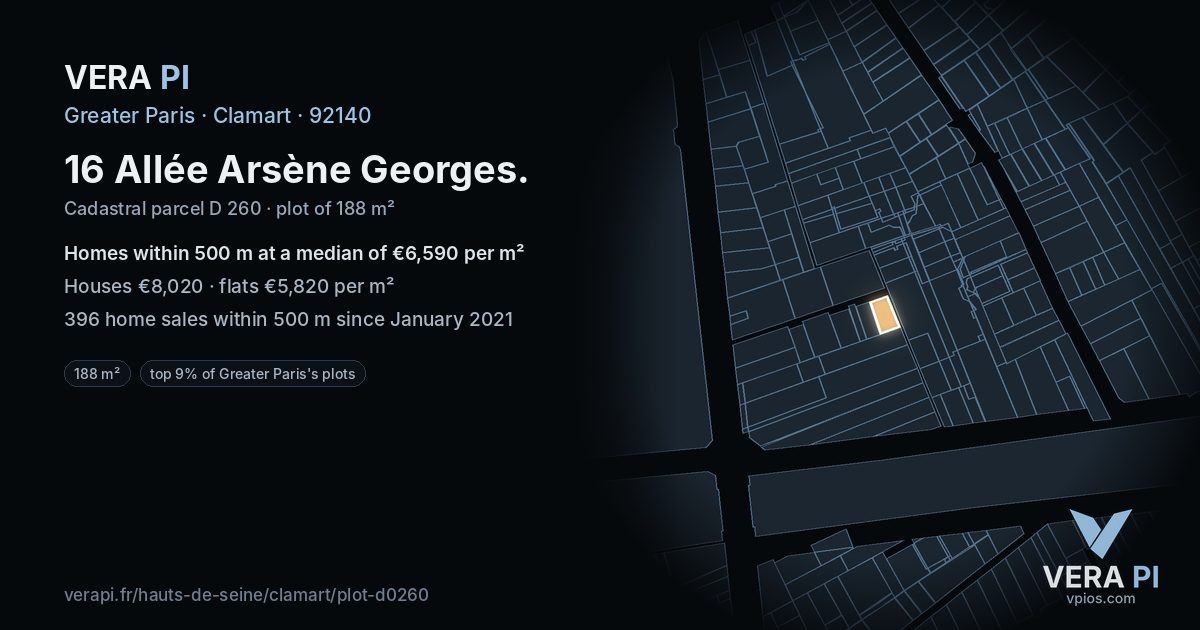 16 Allée Arsène Georges, Clamart at night – the plot lit, the parcels around coloured by the prices near them