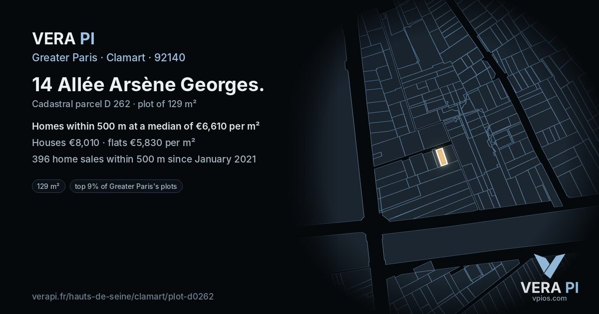 14 Allée Arsène Georges, Clamart at night – the plot lit, the parcels around coloured by the prices near them