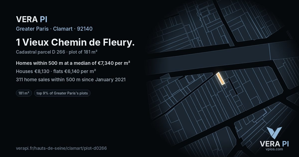 1 Vieux Chemin de Fleury, Clamart at night – the plot lit, the parcels around coloured by the prices near them