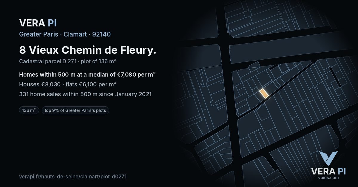 8 Vieux Chemin de Fleury, Clamart at night – the plot lit, the parcels around coloured by the prices near them