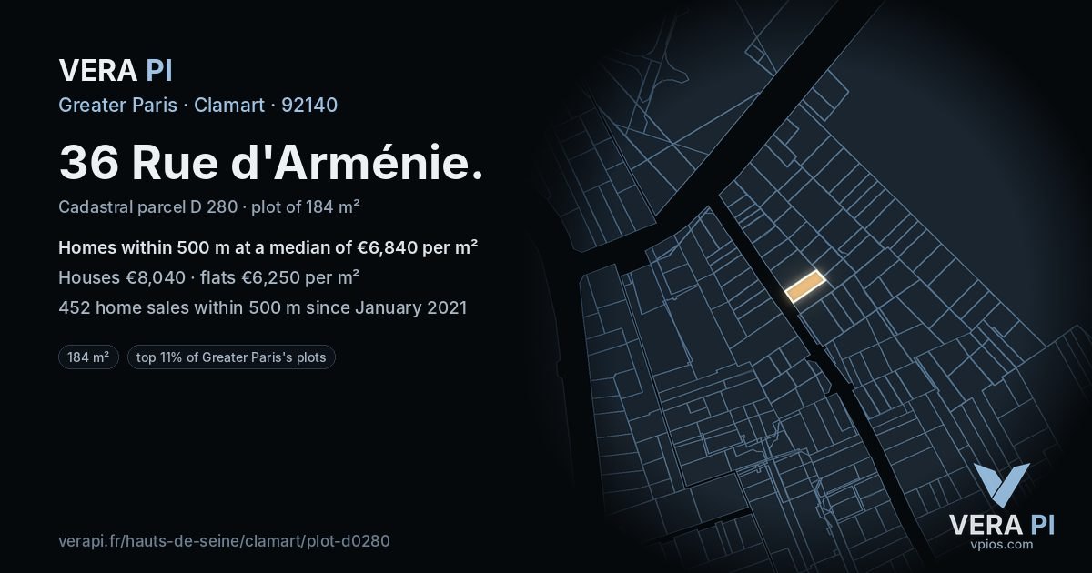 36 Rue d'Arménie, Clamart at night – the plot lit, the parcels around coloured by the prices near them