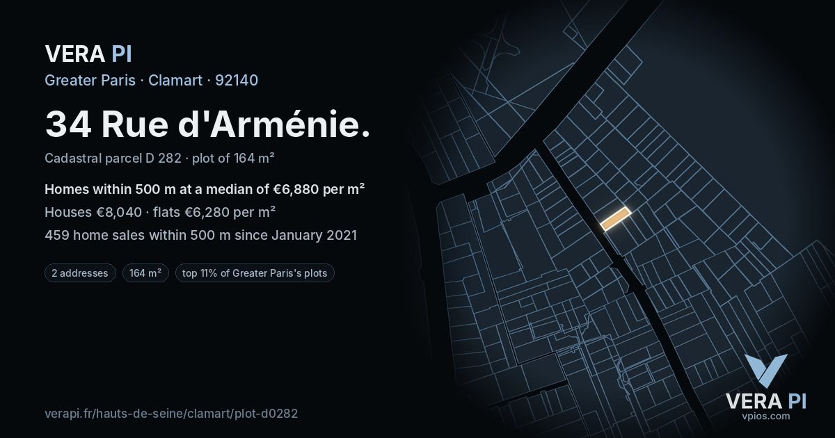 34 Rue d'Arménie, Clamart at night – the plot lit, the parcels around coloured by the prices near them