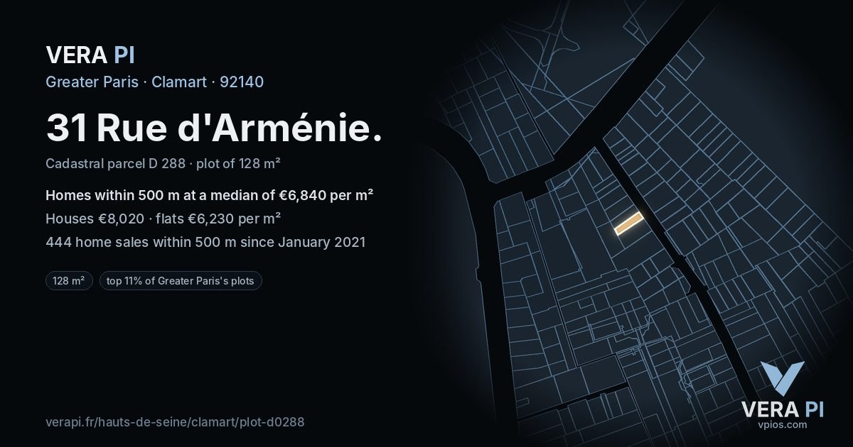 31 Rue d'Arménie, Clamart at night – the plot lit, the parcels around coloured by the prices near them