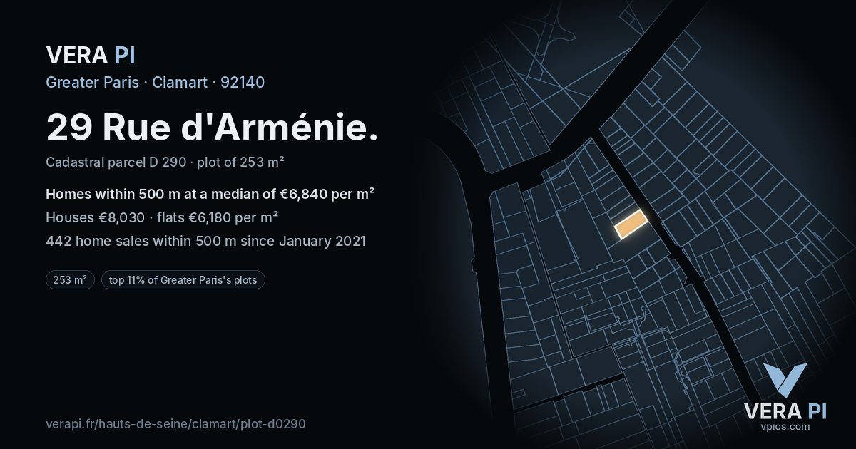 29 Rue d'Arménie, Clamart at night – the plot lit, the parcels around coloured by the prices near them