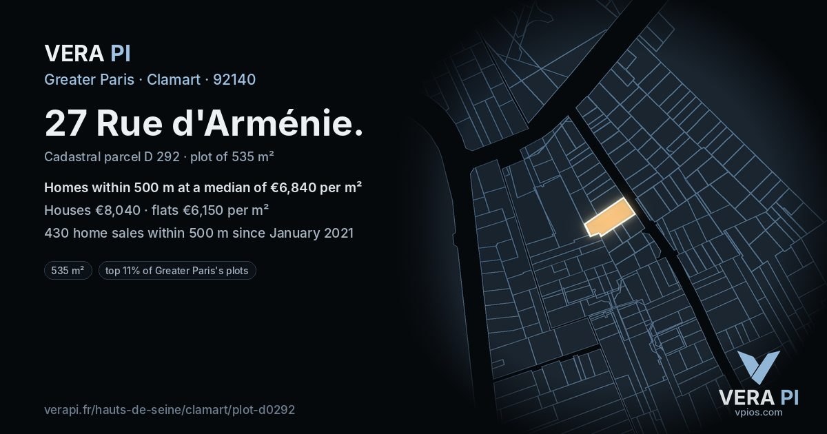 27 Rue d'Arménie, Clamart at night – the plot lit, the parcels around coloured by the prices near them