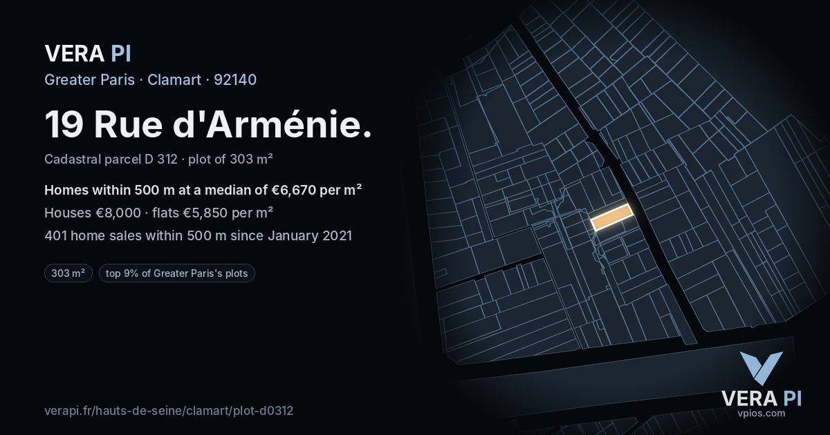 19 Rue d'Arménie, Clamart at night – the plot lit, the parcels around coloured by the prices near them