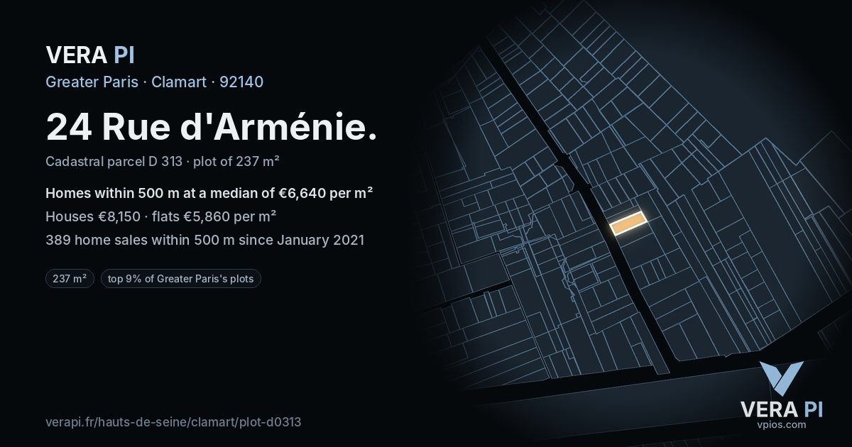 24 Rue d'Arménie, Clamart at night – the plot lit, the parcels around coloured by the prices near them