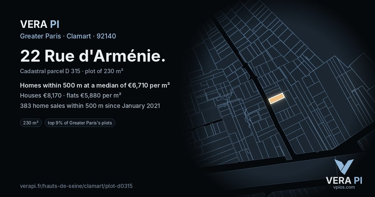 22 Rue d'Arménie, Clamart at night – the plot lit, the parcels around coloured by the prices near them