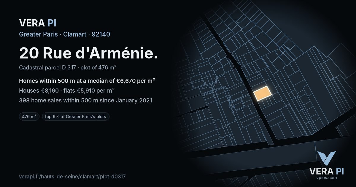 20 Rue d'Arménie, Clamart at night – the plot lit, the parcels around coloured by the prices near them