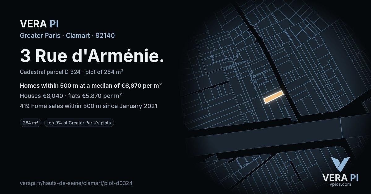 3 Rue d'Arménie, Clamart at night – the plot lit, the parcels around coloured by the prices near them