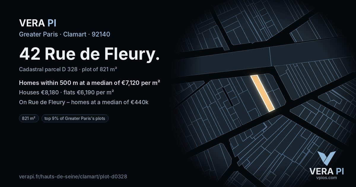 42 Rue de Fleury, Clamart at night – the plot lit, the parcels around coloured by the prices near them
