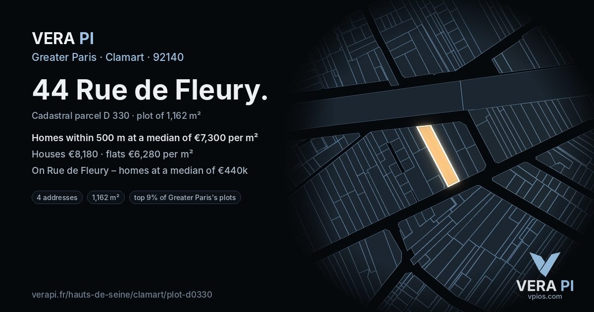 44 Rue de Fleury, Clamart at night – the plot lit, the parcels around coloured by the prices near them