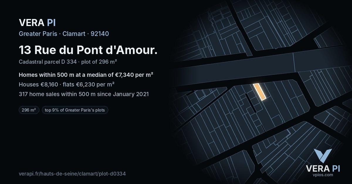 13 Rue du Pont d'Amour, Clamart at night – the plot lit, the parcels around coloured by the prices near them