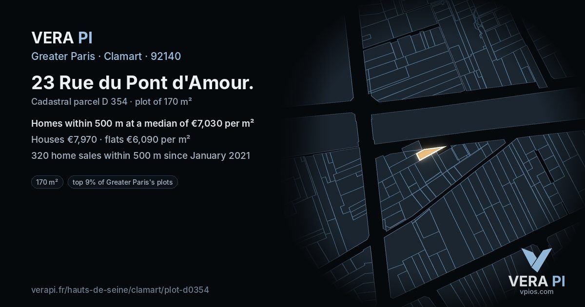 23 Rue du Pont d'Amour, Clamart at night – the plot lit, the parcels around coloured by the prices near them