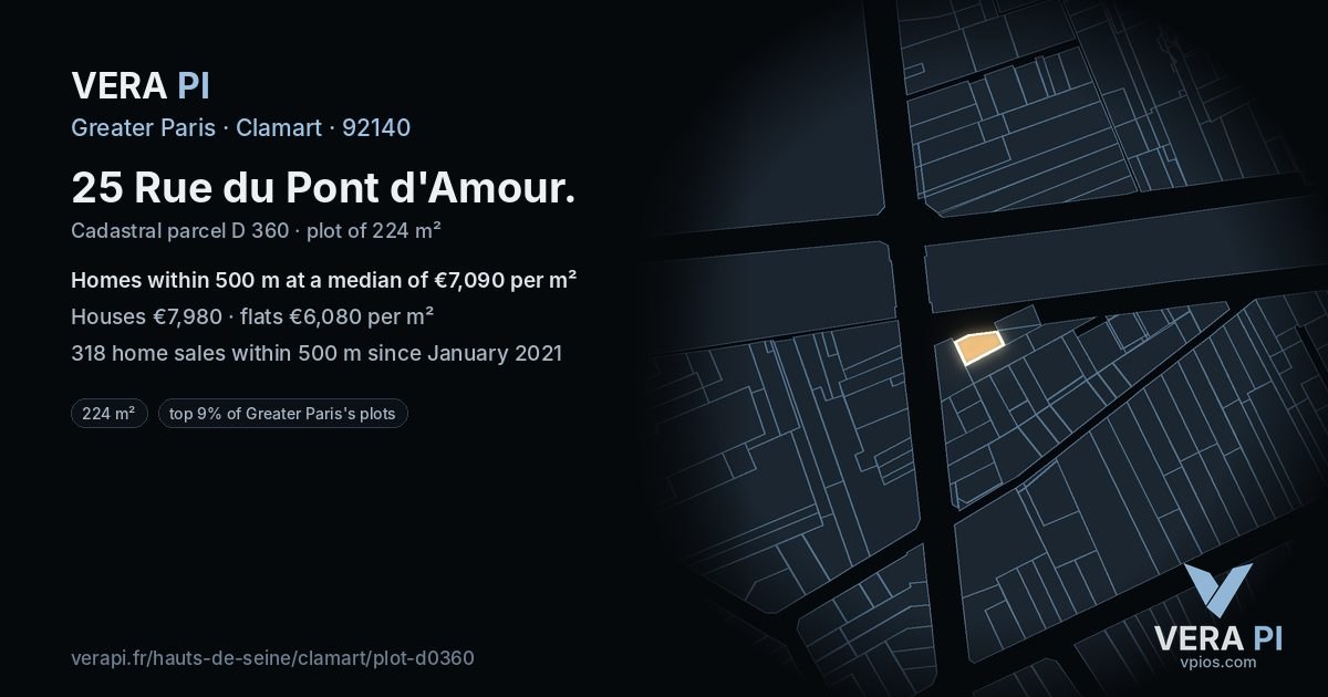 25 Rue du Pont d'Amour, Clamart at night – the plot lit, the parcels around coloured by the prices near them