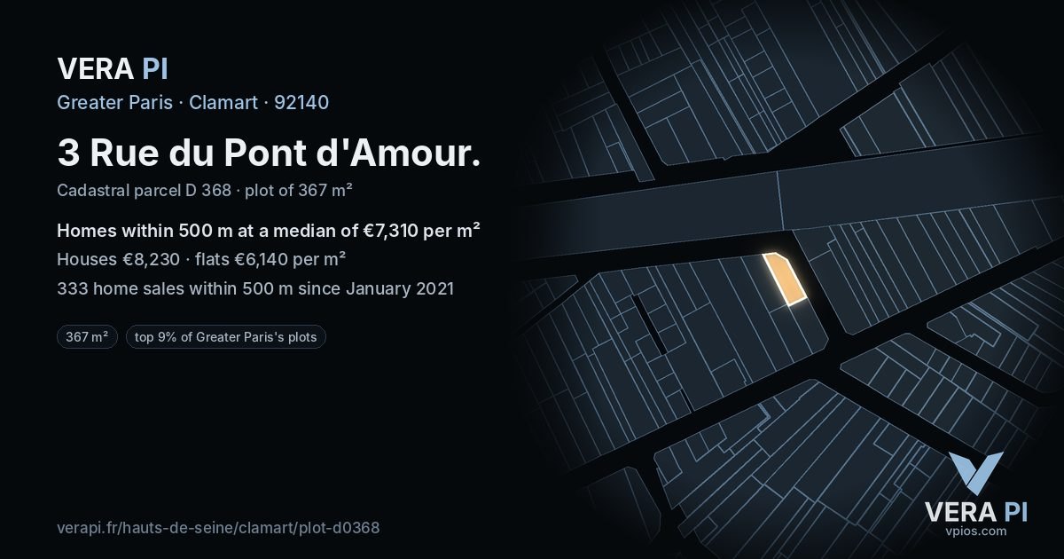 3 Rue du Pont d'Amour, Clamart at night – the plot lit, the parcels around coloured by the prices near them