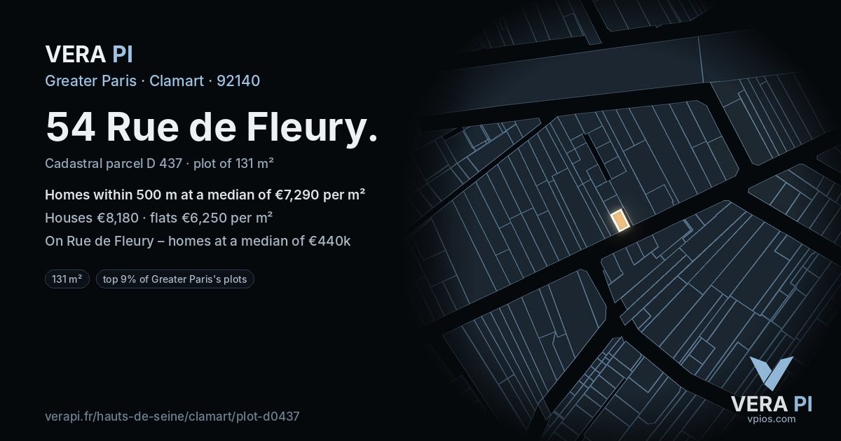 54 Rue de Fleury, Clamart at night – the plot lit, the parcels around coloured by the prices near them