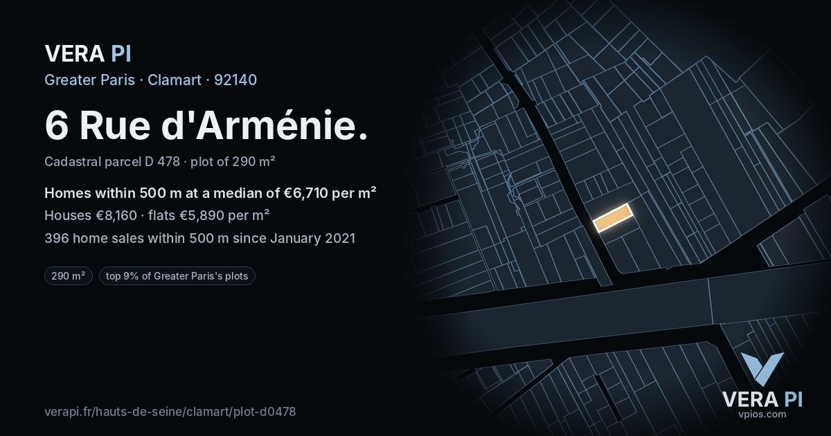 6 Rue d'Arménie, Clamart at night – the plot lit, the parcels around coloured by the prices near them