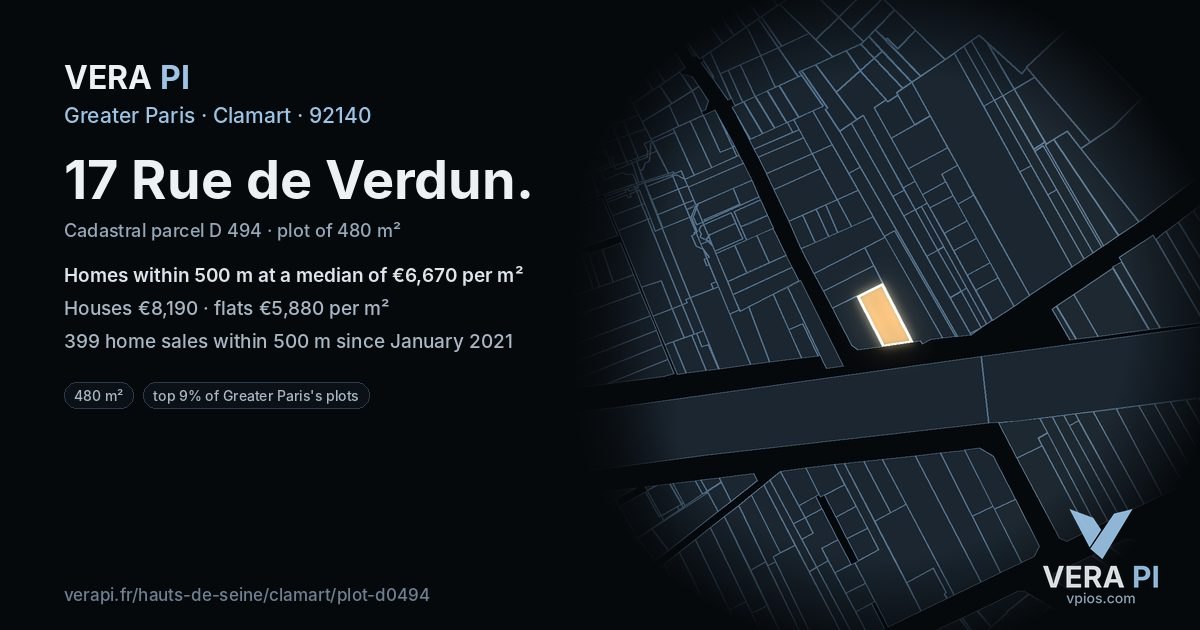 17 Rue de Verdun, Clamart at night – the plot lit, the parcels around coloured by the prices near them