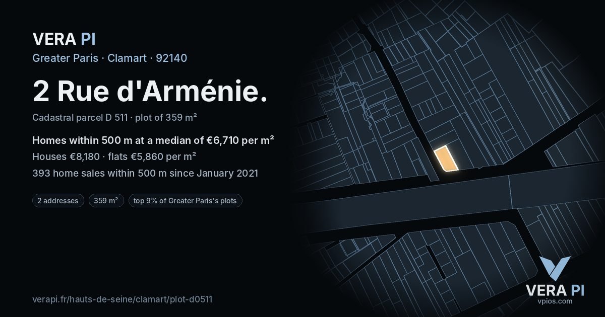 2 Rue d'Arménie, Clamart at night – the plot lit, the parcels around coloured by the prices near them