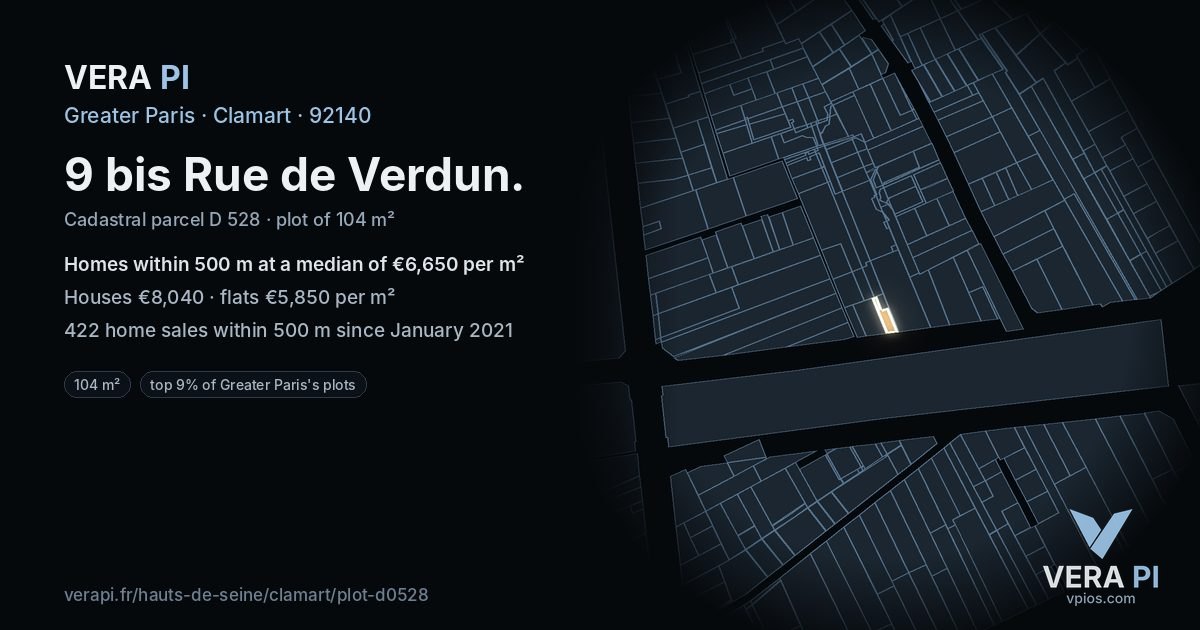 9 bis Rue de Verdun, Clamart at night – the plot lit, the parcels around coloured by the prices near them