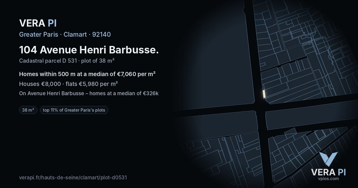 104 Avenue Henri Barbusse, Clamart at night – the plot lit, the parcels around coloured by the prices near them