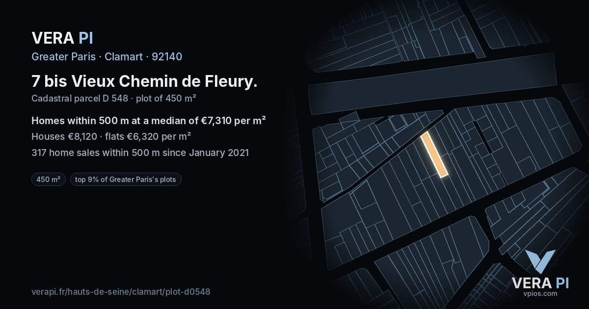 7 bis Vieux Chemin de Fleury, Clamart at night – the plot lit, the parcels around coloured by the prices near them